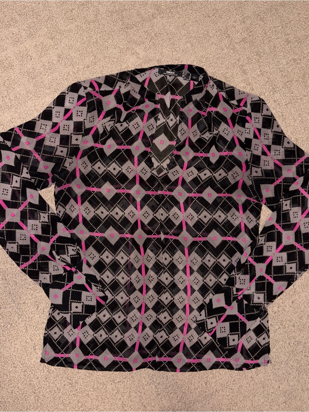 Mexx Black & Gray Geometric V-Neck Top w/ Pink Accents, Women’s Size CA 32 US 2